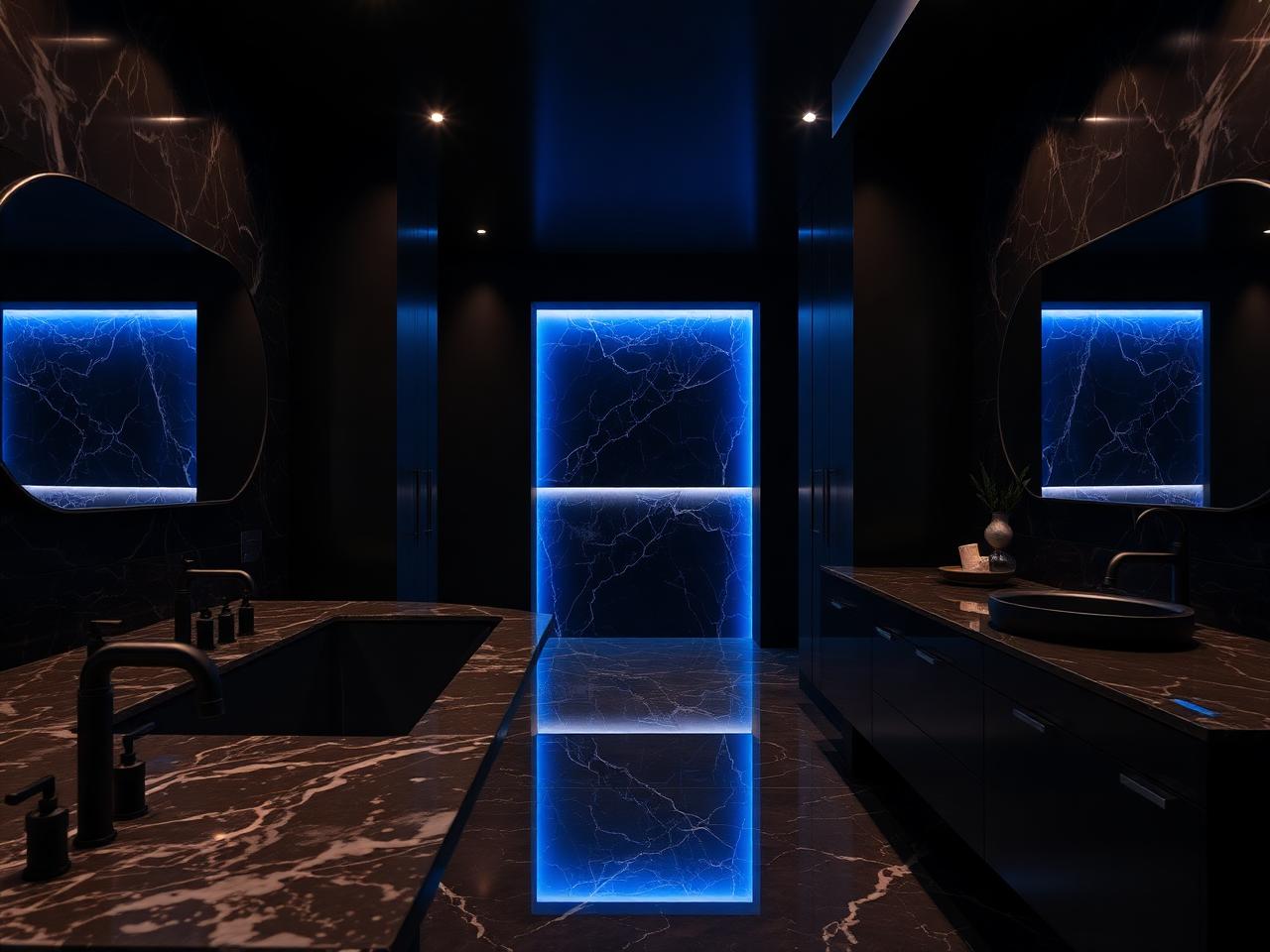 Modern remodeled bathroom with marble surfaces and blue accent lighting